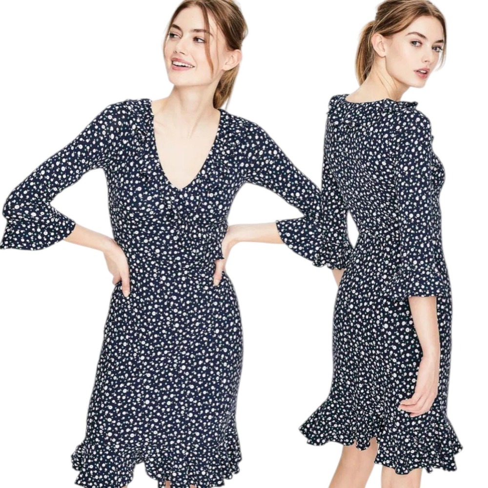 Boden Michaela Jersey Floral Midi Dress US‎ 6 Navy Ruffle Tea Dress Cottagecore